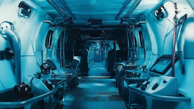 Submersible control room featuring multiple instrument panels, displays, and seating areas along a central aisle, all illuminated by cool blue ambient lighting, creating a high tech atmosphere