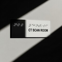 Modern Hospital Signage: CT Scan Room Indication with Braille and Minimalist Aesthetic