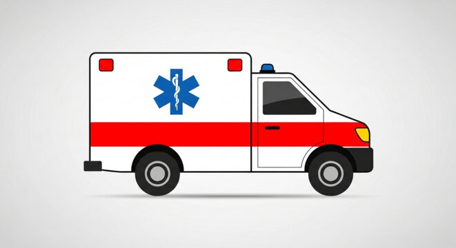 Emergency medical services vehicle with red and blue lights on white background for healthcare and medical transport