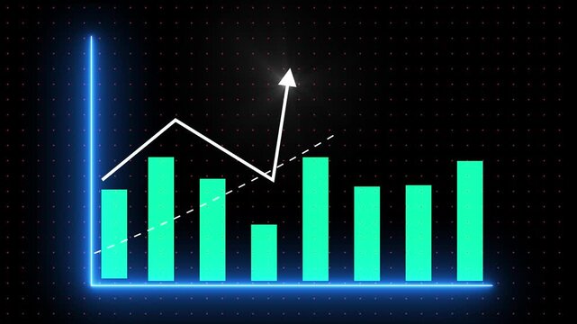 Glowing Neon Bar Chart with Decreasing Trend Line on Dark Background with Red Dots Business Finance Data Visualization