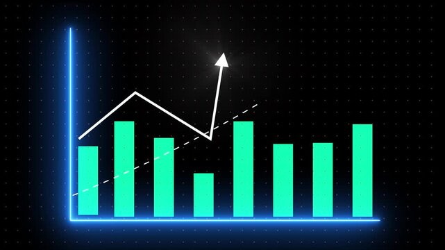 Business data analysis graph with decreasing trend line and green bars on black background with red dots