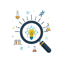 Obraz premium Magnifying glass with lightbulb surrounded by science research icons