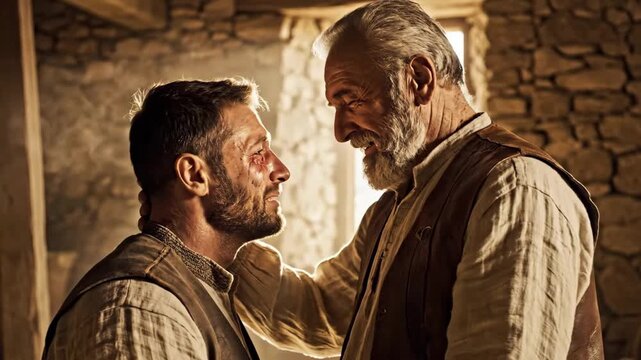 Elder White Man Comforts Wounded White Son In Dim Stone Cottage With Window Light And Smoke, Gentle Embrace And Whispered Guidance, Rugged Garments And Scarred Face, Atmosphere Of Healing, Mentorship.