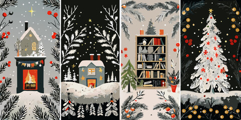 Four winter scenes depicting cozy houses bookshelves and christmas trees © Roni