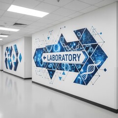 Modern Laboratory Corridor Featuring Digital Graphics, Geometric Arrow, and Sleek Architecture