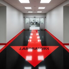 Modern Laboratory Corridor Featuring Directional Arrow and Contemporary Interior Design Elements