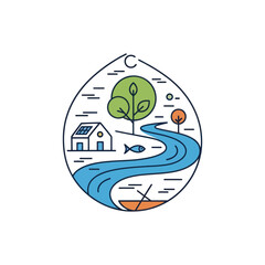 Fototapeta premium Minimalist eco house river landscape line art illustration