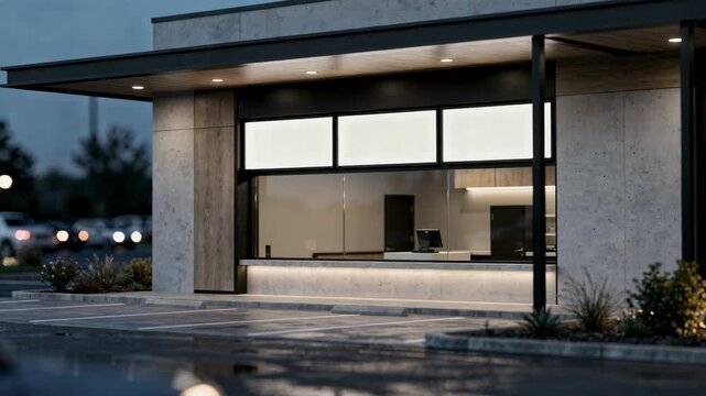 Focused medium angle of a limitedservice drivethru design showcasing menu boards and service window with the rest of the building softly out of focus.