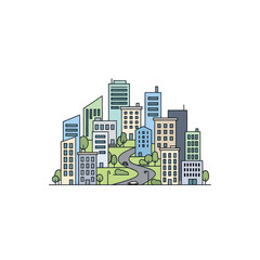 Obraz premium Minimalist line art city buildings with winding road and trees