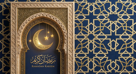 An elegant Islamic illustration with radiant crescent moonlight illuminating mosque domes and minarets, framed by ornate lanterns and decorative patterns © MJ