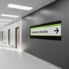 Modern Laboratory Hallway With Directional Signage, Indicating Path To Research Area