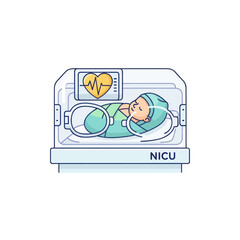 Newborn baby sleeping in NICU incubator with heart monitor