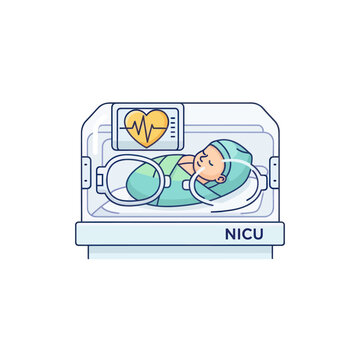 Newborn baby sleeping in NICU incubator with heart monitor