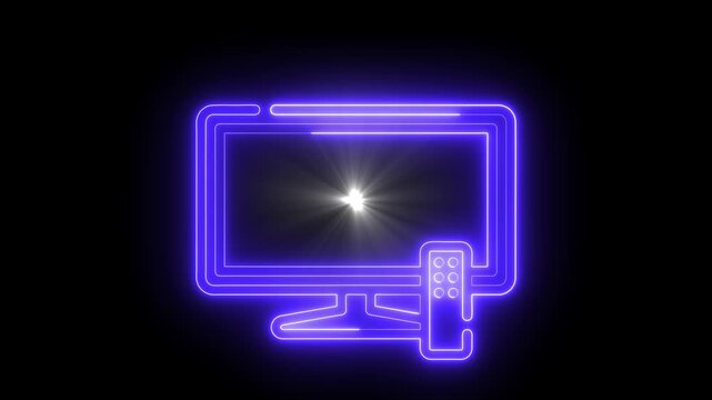 Neon Blue Computer Monitor and Remote Control on Black Background with Glowing Light