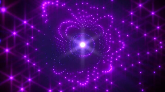 Purple stars array travel tunnel with glowing particles and hyper jump motion background for futuristic space transition