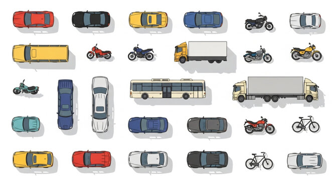 Collection of various vehicles seen from above top view.