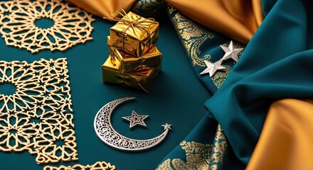 Elegant Eid Al Fitr flat lay with golden ornaments a crescent moon and star a stack of gift boxes and draped satin fabric in teal and gold with intricate patterns illuminated by soft light
