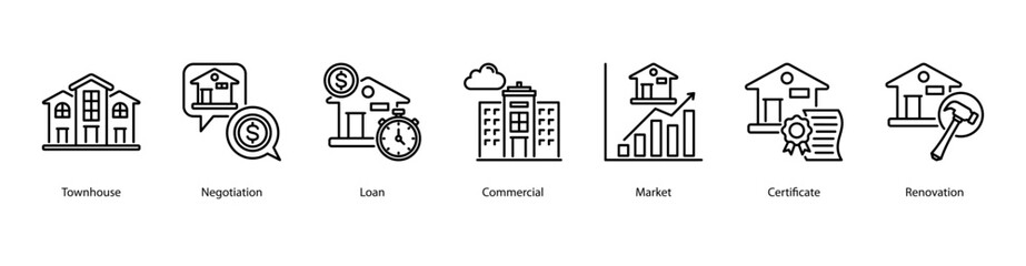 Real Estate Transactions web banner icon vector illustration featuring Townhouse, Negotiation, Loan, Commercial, Market, Certificate, and Renovation. © Dewi Sari