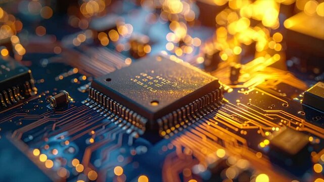 Close-up of a circuit board with a central processor unit, glowing with light