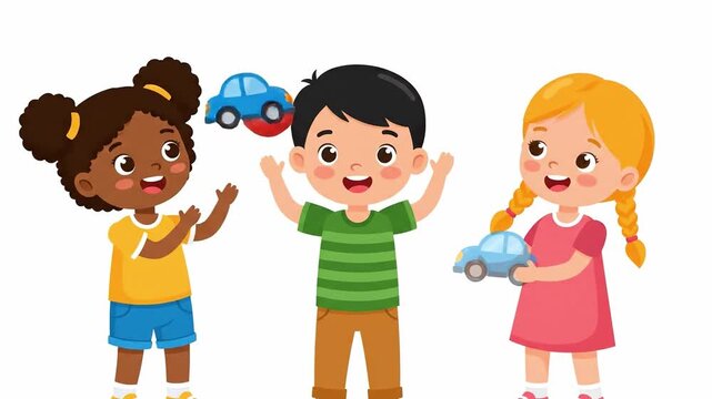 Three diverse children playing with toy cars on International Day of Elimination of Racial Discrimination with a joyful mood.