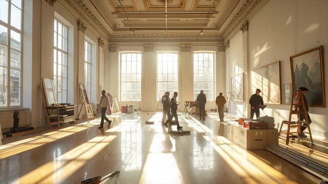 A spacious gallery space is being prepared for an art exhibition, with workers present