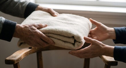 Naklejka premium Hands passing folded blanket in soft window light charity concept