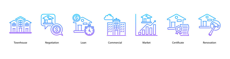 Real Estate Transactions web banner icon vector illustration featuring Townhouse, Negotiation, Loan, Commercial, Market, Certificate, and Renovation. © Dewi Sari