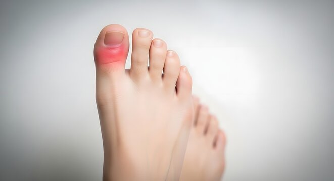 Closeup of a foot with a red and swollen big toe against a plain background