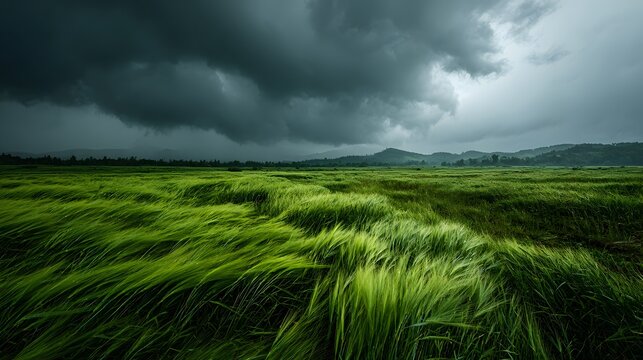 Lush green grassy field blows in the wind under dark stormy gray clouds in a dramatic landscape with moody atmosphere and contrast lighting.