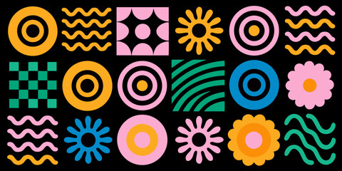 Fototapeta premium Colorful abstract patterns arranged in a grid on a dark background