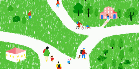 Fototapeta premium A colorful illustration depicts a neighborhood with people and houses