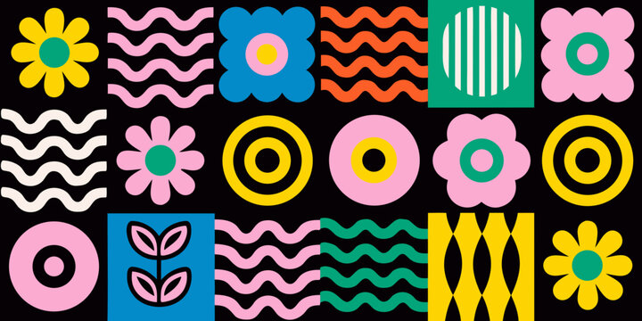 Colorful abstract pattern featuring floral and wave like shapes on black