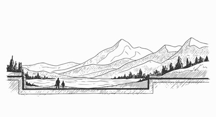 Black and White Mountain Landscape Illustration.