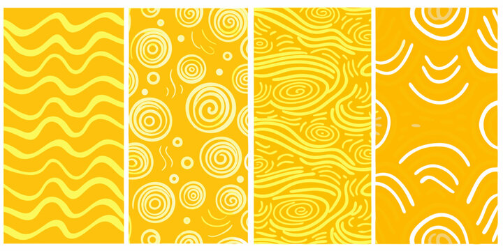 Abstract yellow patterns wavy lines circles and swirling designs