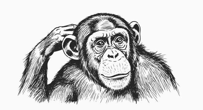 Chimpanzee Thinking with Hand on Ear.