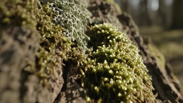 Close up of moss and lichen growing on tree bark in a forest.