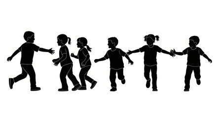 Children playing together, silhouette of kids running and holding hands, happy childhood