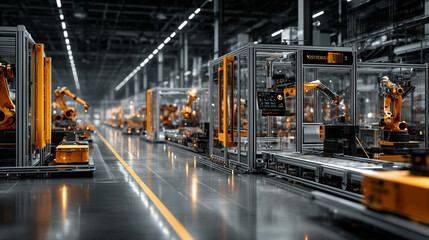 Obraz premium Smart factory industry automation technology visualization with robotics sensors data driven manufacturing and industry innovation