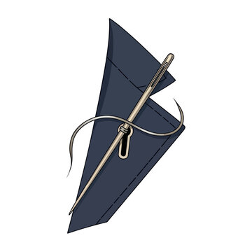 Sewing needle with thread tucked into blue fabric illustration
