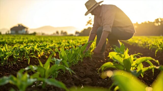 A farmer tends young crops in a field at sunset, backlit by golden sunlight