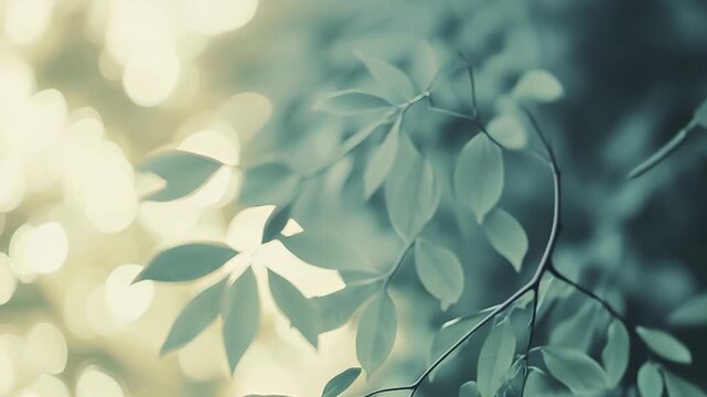 Green leaves on a tree branch gently swaying in a soft breeze absorb warm sunlight filtering through the canopy, creating a serene and tranquil forest atmosphere with natural bokeh in the background