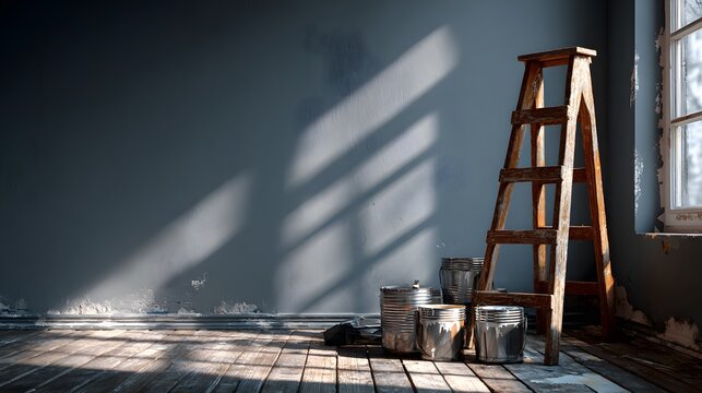Wooden ladder stands in an empty room with gray walls being painted, showing paint cans on the floor and sunlight streaming from a window.