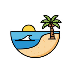 Fototapeta premium Tropical beach icon with palm tree ocean and sun