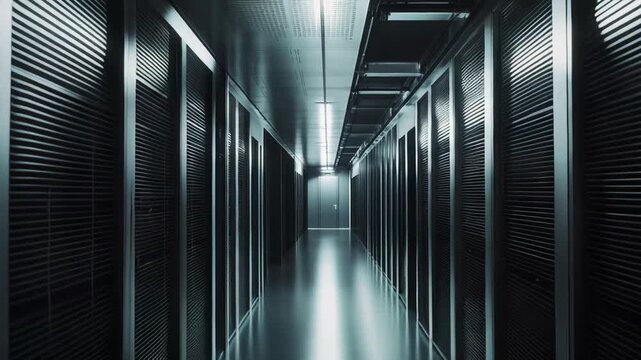 Data center hallway extending between rows of server racks, embodying the concept of cloud computing, network infrastructure, and digital information storage