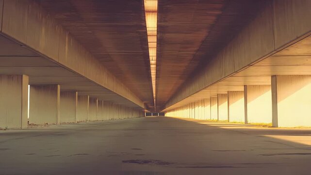 Urban concrete underpass structure creating a long tunnel view with strong linear perspective, columns casting shadows into the open space as warm light enters from the distant end
