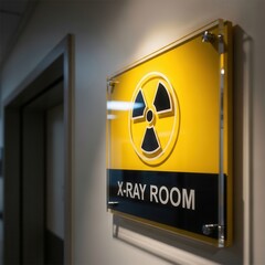 Warning Sign Displaying Radiation Symbol Indicates X-Ray Room Within Healthcare Facility