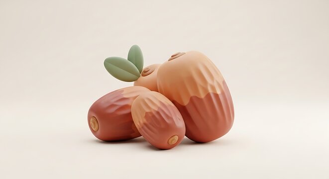 3D Stylized Fresh Dates with Green Leaves. Ramadan Kareem, Eid Mubarak, Cute crescent moon, Smiling moon, Stacked dates, Islamic holidays, Festive illustration, Kids Ramadan art, Minimalist 3D. Ramada