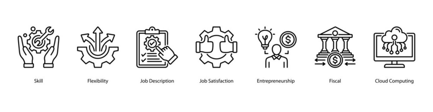 Job Flexibility web banner vector illustration featuring Skill, Flexibility, Job Description, Job Satisfaction, Entrepreneurship, Fiscal, and Cloud Computing.