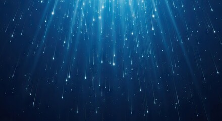 Obraz premium Dark Blue Background with Falling Blue and White Glittering Particles Descending from Above Creating a Mystical and Celestial Atmosphere of Light Rays
