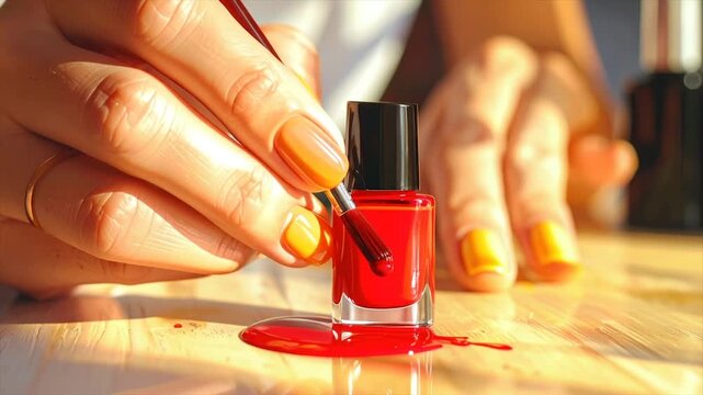 Hands applying red nail polish with brush from bottle, spilling on wooden surface